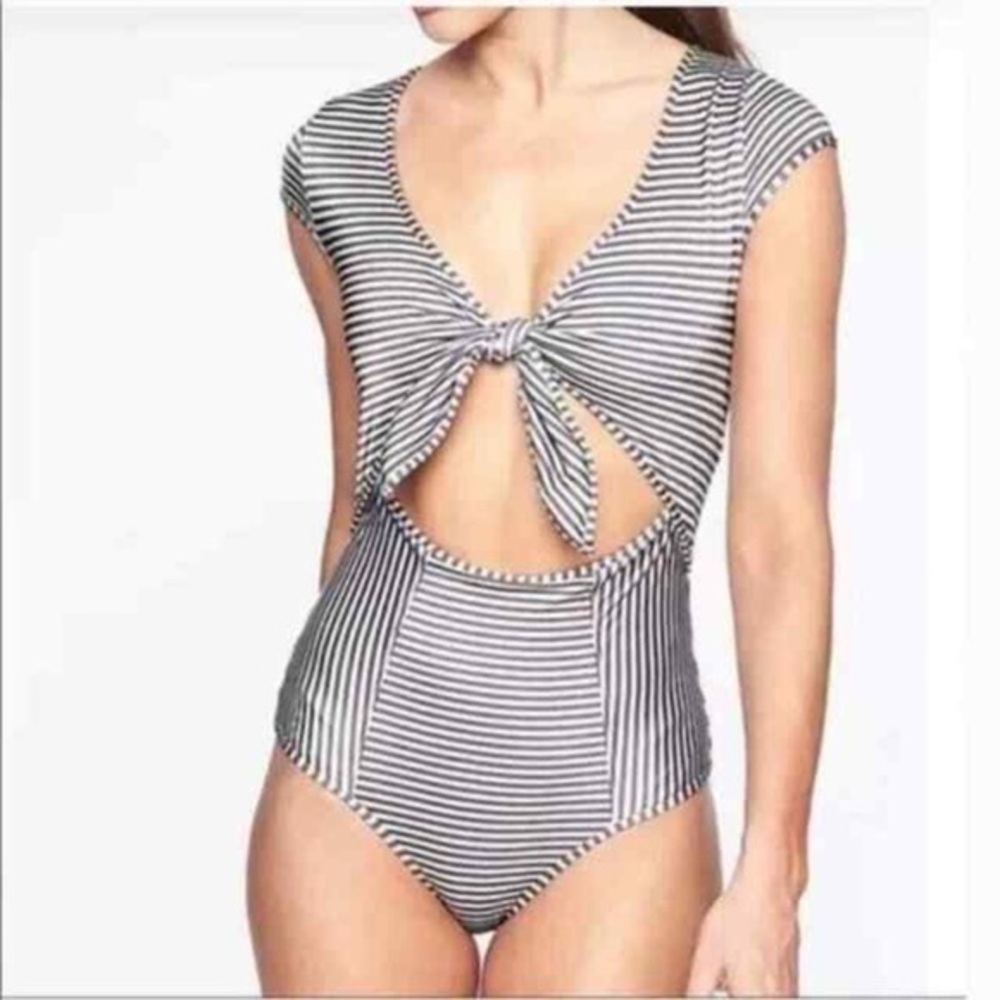 Athleta TALL French Stripe gray tie front cut-out one piece swimsuit